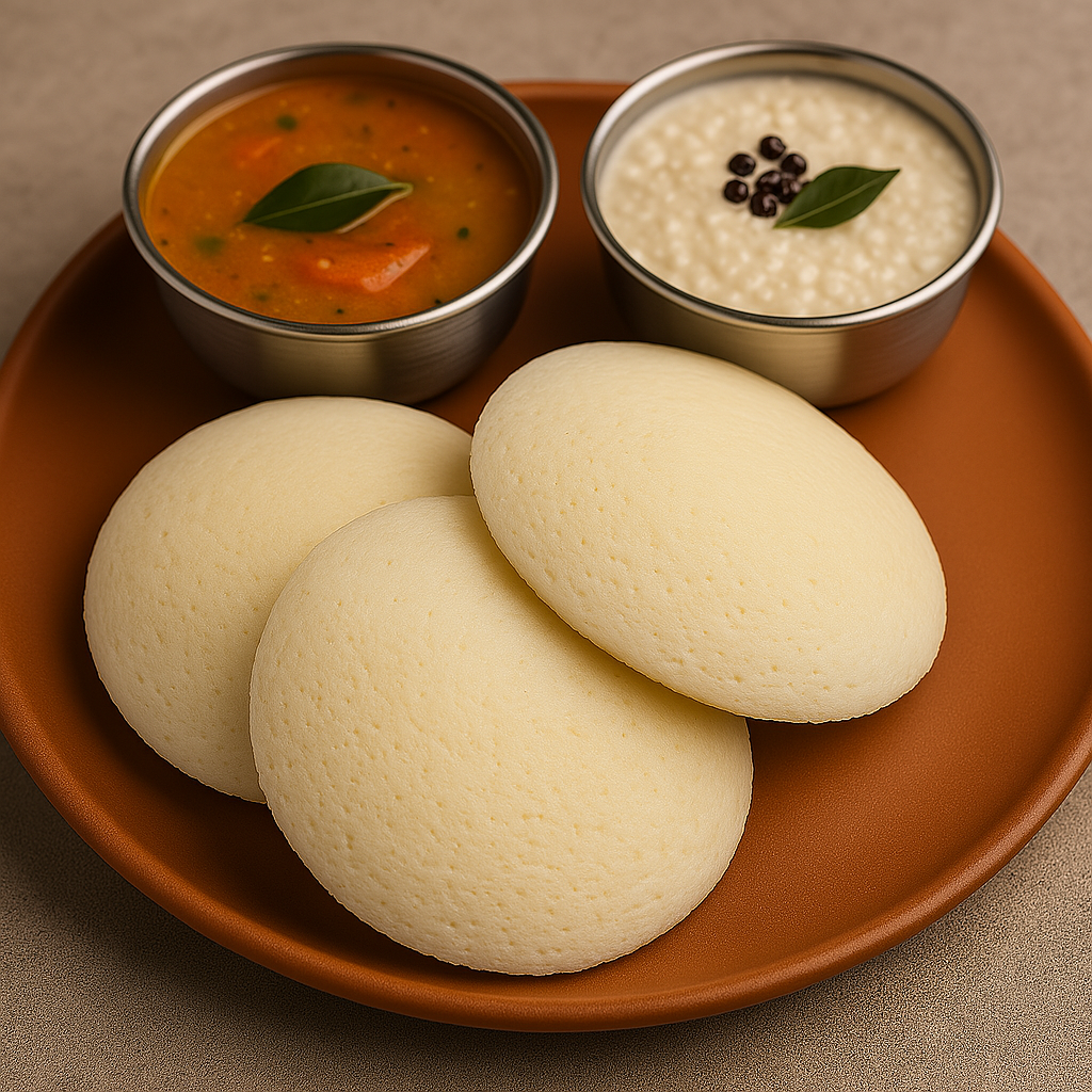 Idli with chutney and sambhar